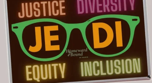 poster with the word Justice, Equity, Diversity and Inclusion in colorful letters on a black background.