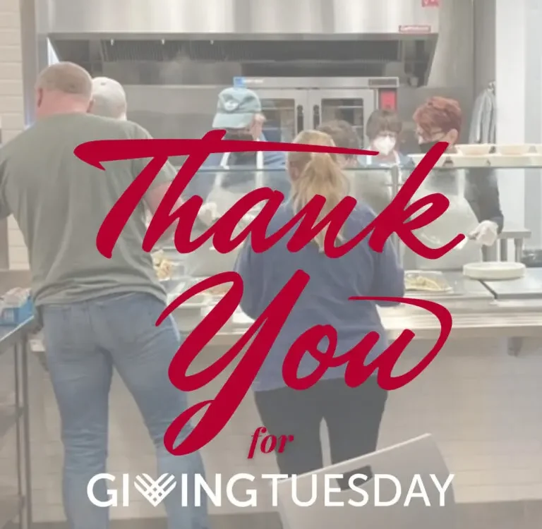 people being served in a cafeteria kitchen with the words 'Thank You'