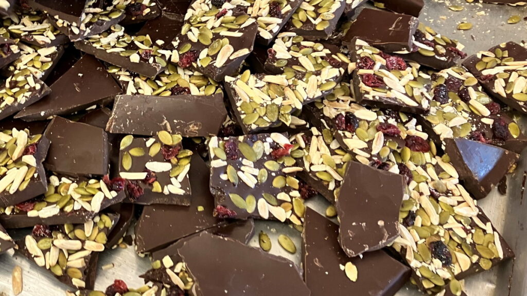 Chocolate bark with pumpkin seeds and dried cranberries