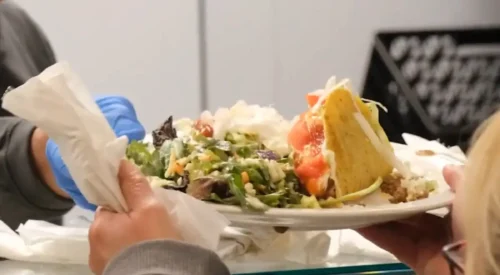 Two hands holding a plateful of food.