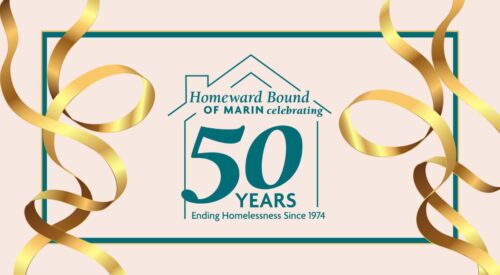 A logo showing Homeward Bound - 50 Years- surrounded by gold ribbons.