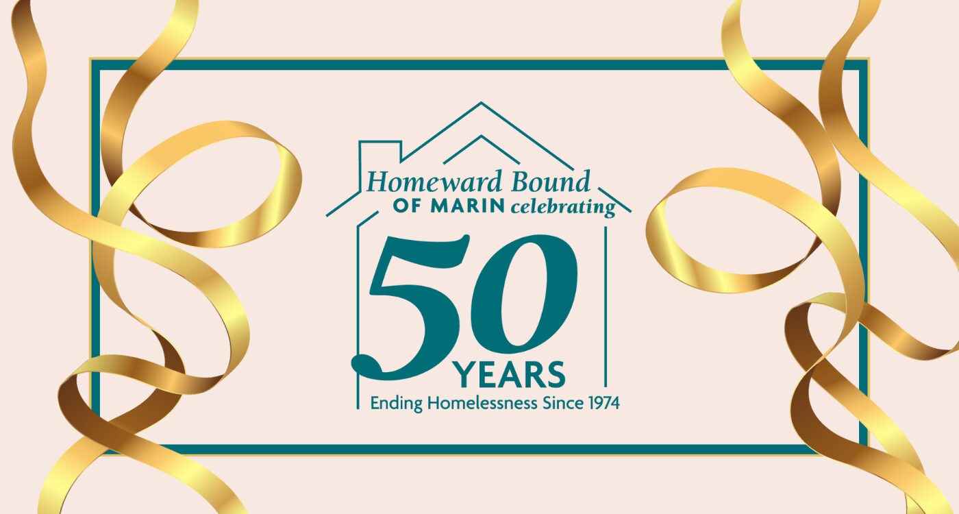 A logo showing Homeward Bound - 50 Years- surrounded by gold ribbons.