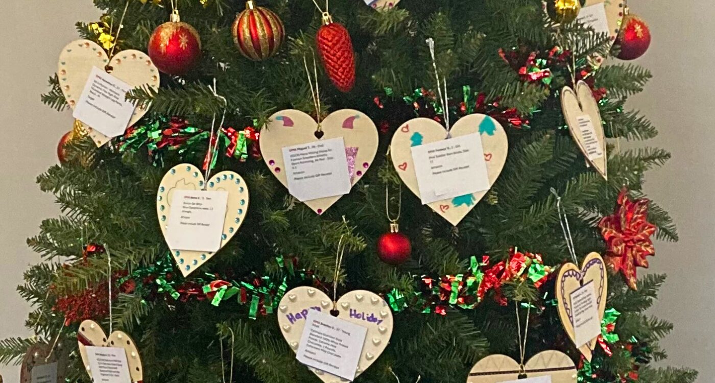 Tree with ornaments that have paper message stating a gift wish from a family at Homeward Bound of Marin.