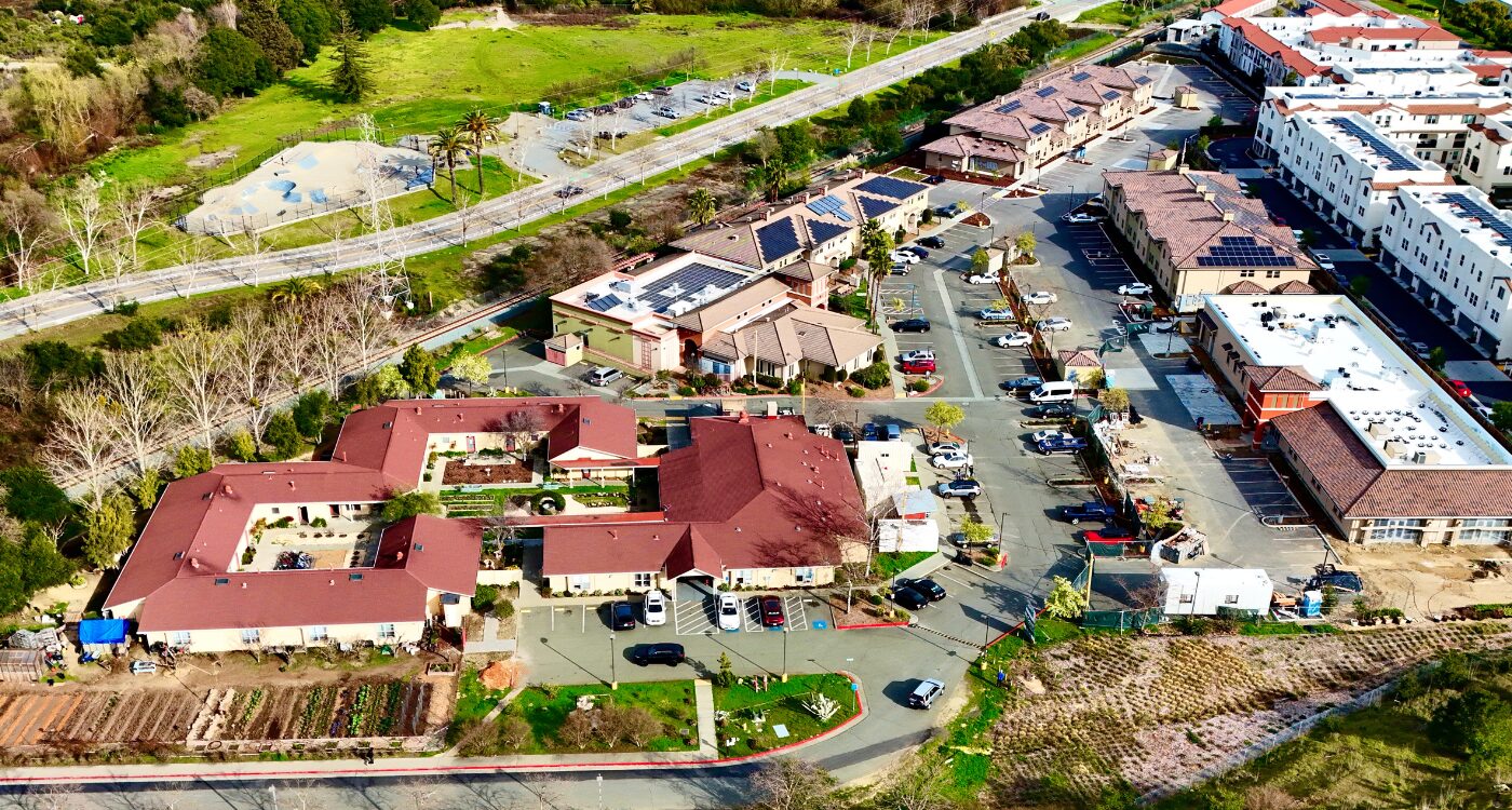Image shot by a drone shows Homeward Bound of Marin campus with shelter and housing buildings.