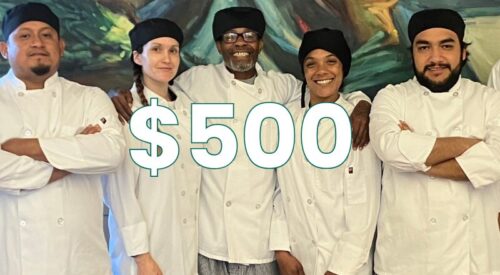 Five culinary trainees in white coats with '$500' superimposed on image