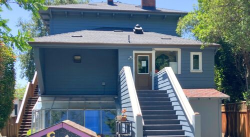 Building with blue paint and white trim